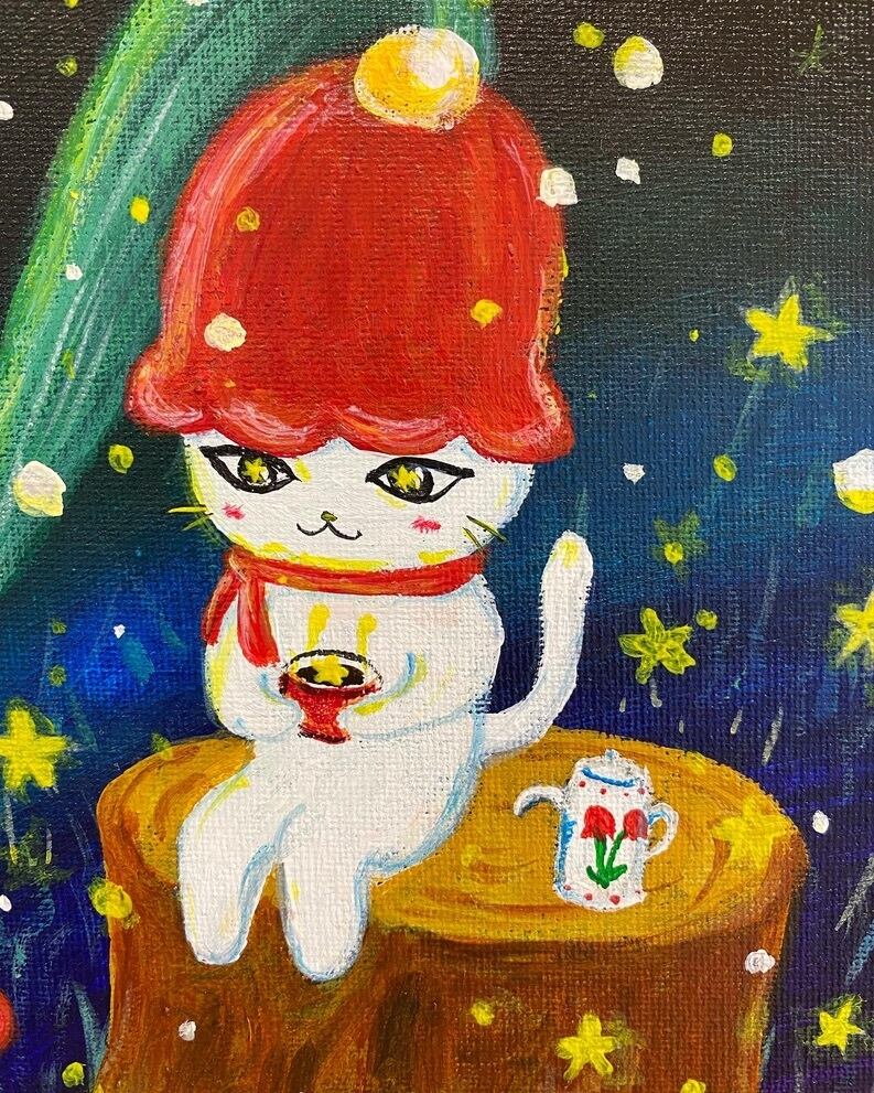 キャンバス アクリル絵の具「星のすずらんとねこちゃん」 すずらん青