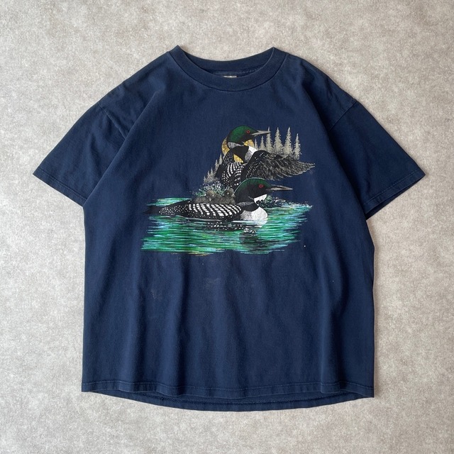90s カモ 鴨 アニマルTシャツ ヴィンテージ 古着 鳥 動物 紺 ネイビー 