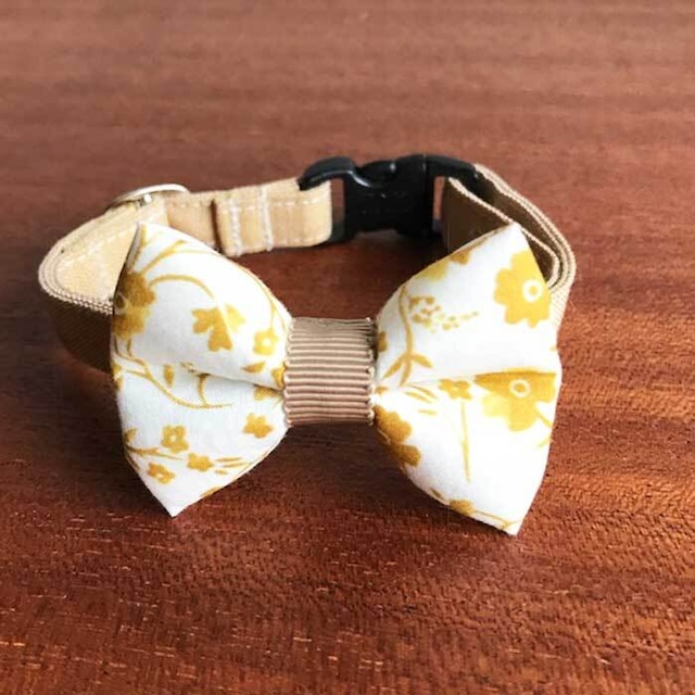 Cat ribbon collar 猫の首輪 リボン首輪 和の花 ゴールドフラワー イエローリボン＆イエローベルト 【送料無料】