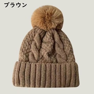 ポンポン付 裏起毛 ケーブルニット帽 5col M 11340