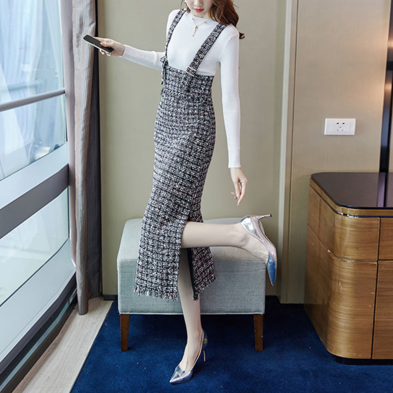 ツイードミディ サスペンダースカート B40