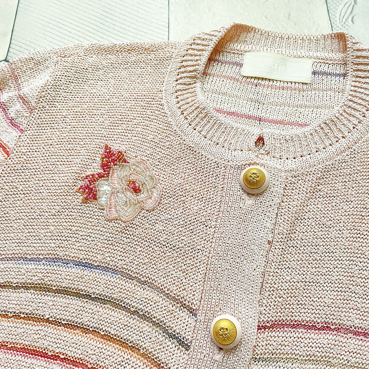 Vintage】虹色カーディガン ビーズ刺繍 サマーニット 古着 | aruiteru