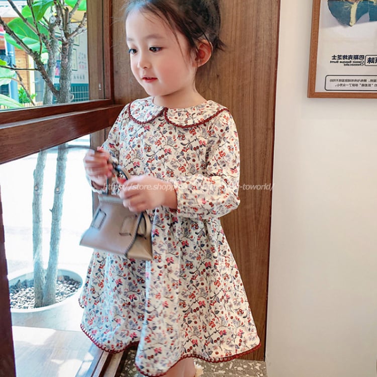 90 140 ワンピース 花柄 長袖 プリンセス 綿 女の子 子供服 韓国版 可愛い Q Toworld キュートワールド 子供服