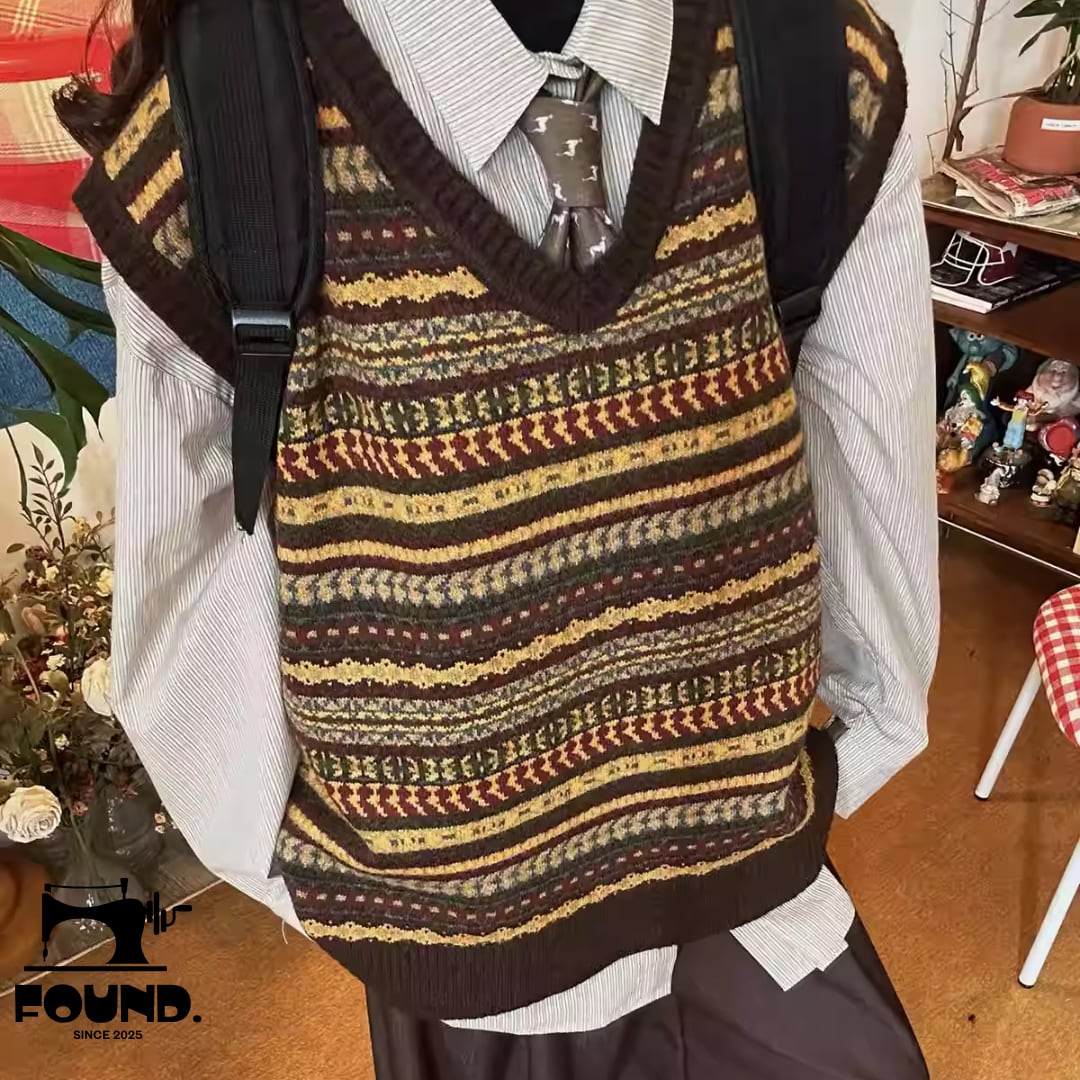 Retro Striped Jacquard V-Neck Sweater Vest -Unisex(FD153)