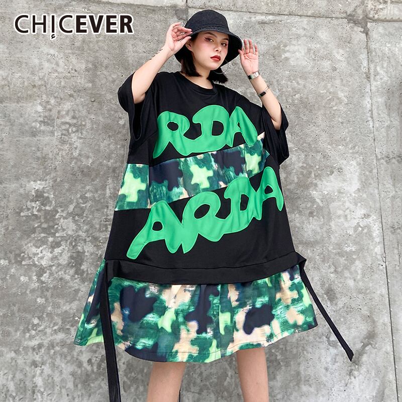 CHICEVERパッチワークヒットカラードレスレタープリントOネック半袖レースアップオーバーサイズルーズドレスレディース2020 ショート ハーフスリーブ 6base563953009720