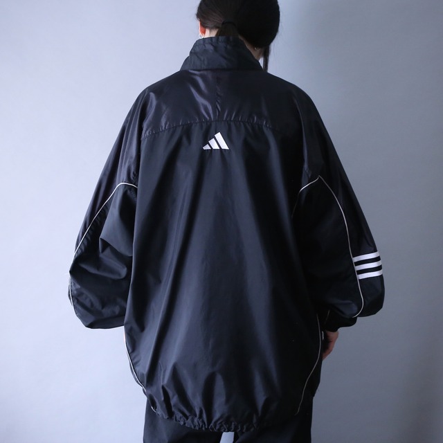 "adidas"  刺繍 logo mesh switching over silhouette black nylon half-zip pullover