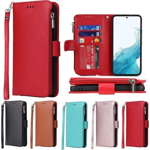 Eastwave Galaxy S22 ケース サムスン ギャラクシー S22 ケース 手帳型 Samsung GalaxyS22 SC-51C / SCG13 財布型 背面ICカード コインポケット ストラップ付き カード 収納 小銭入れ ファスナーポケット付き PUレザー 5色レッド 1897