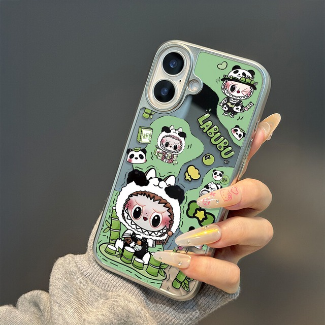 Labubu パンダ 竹 鏡面 スマホケース 多機種対応 iPhone16ProMax/Samsung 対応 ミラー 機能 防摔 プレミアム 可愛い 人気 マスコット おしゃれ マスコット グッズ