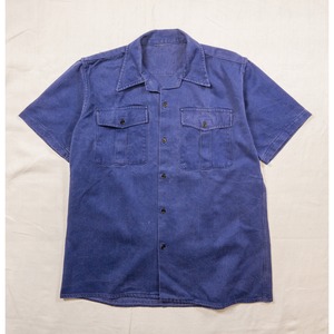 【1940-50s】"French Army" Officer Cotton Short Sleeved Blue Open Collar Shirt