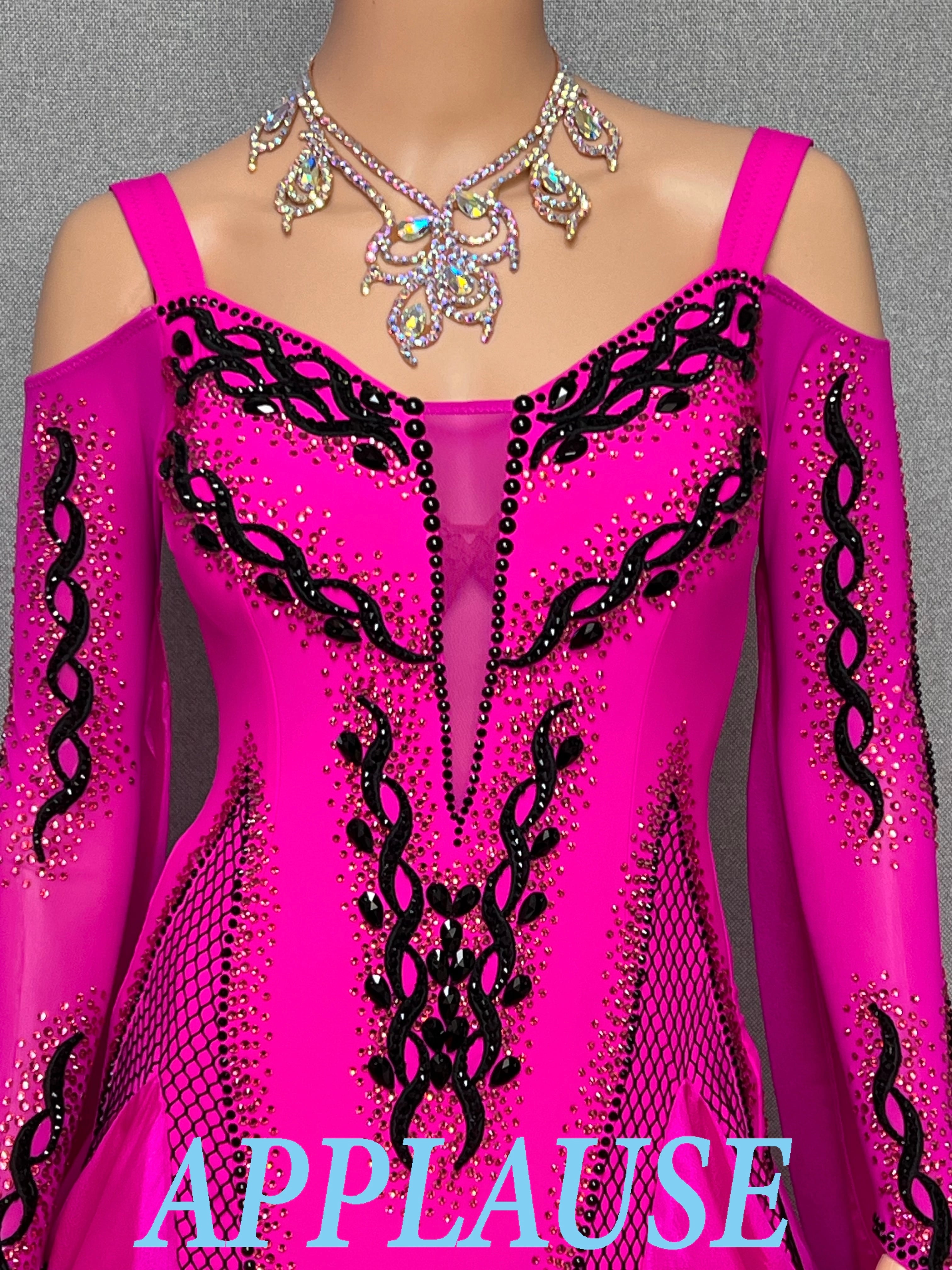 【新着】社交ダンス ドレス　モダン　スタンダード ドレス　ST-26-１　フューシャピンク　M〜L　デモ・競技用ドレス　発表会　衣装　パーティドレス　ワンピース　舞台衣装