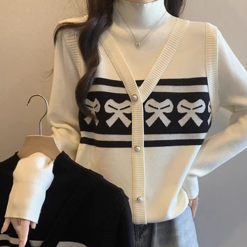 2色／レイヤード風ハイネックジャガードニットトップス ・74041