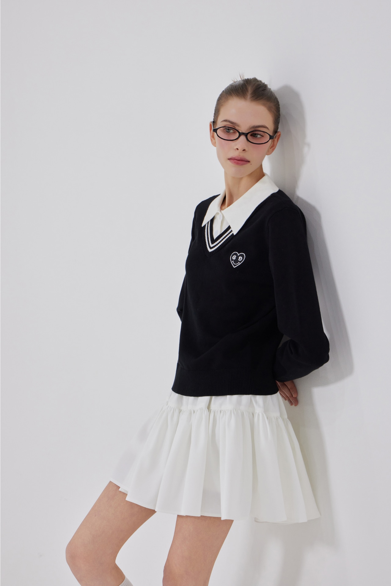 GOXO ゴーエックスオー スマイルハート Vネック 配色 ニット ブラック