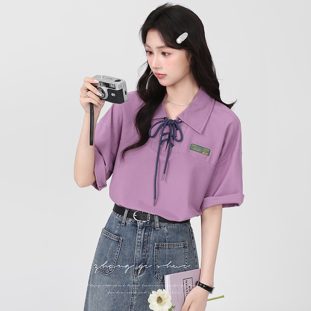 【ZZZQISシリーズ】★POLOシャツ★ 4color トップス 配色 半袖 夏服 レディース カジュアル 黒 紫 灰