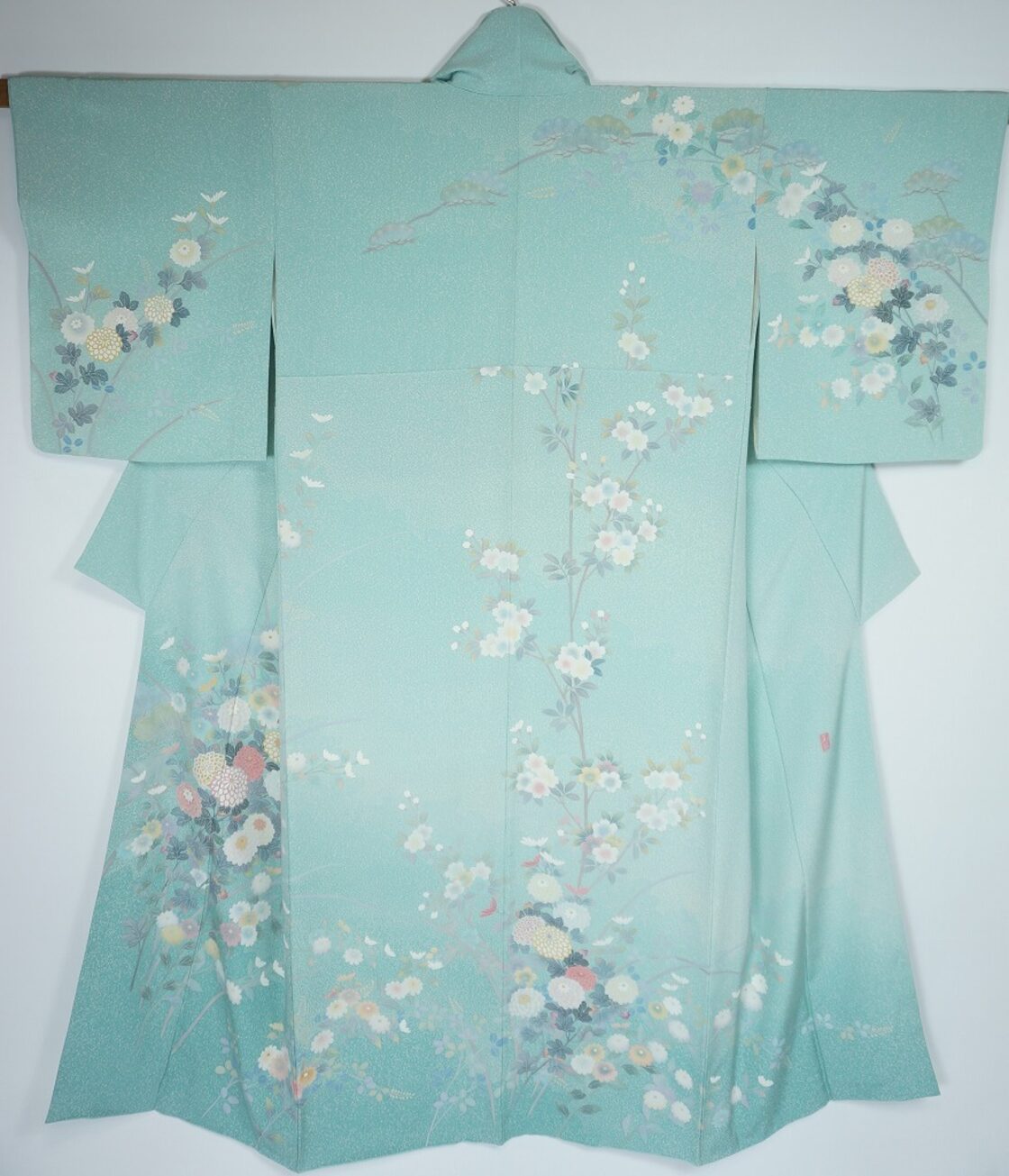 花街ビンテージ ミント色系 作家もの 正絹縮緬 仕付糸付き ぼかし染め 