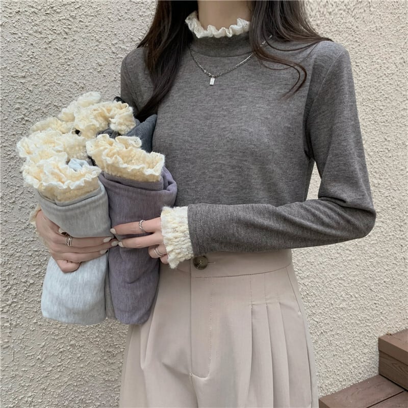 ベルベットシャツ オータムウィンターカラーレースTシャツ トップス ロング 秋物 冬物 ステッチ 萌量不足57461390798