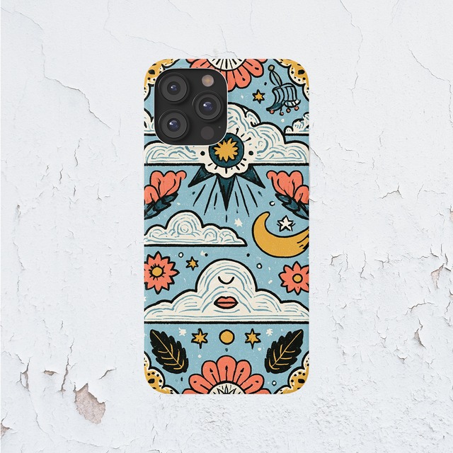 受注生産 iPhoneケース 雲と三日月の民芸パターン｜天体モチーフ PSYF048C