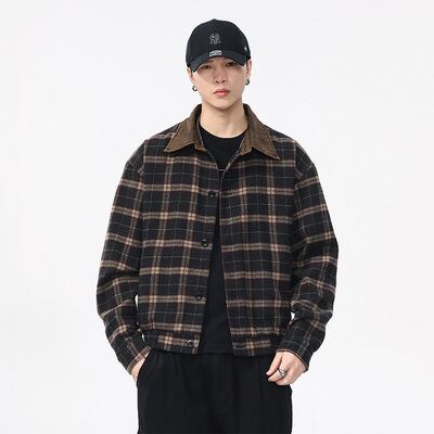 メンズ チェック柄ショート丈ジャケット モカブラウン 長袖 シャツカラー カジュアル 秋冬アウター