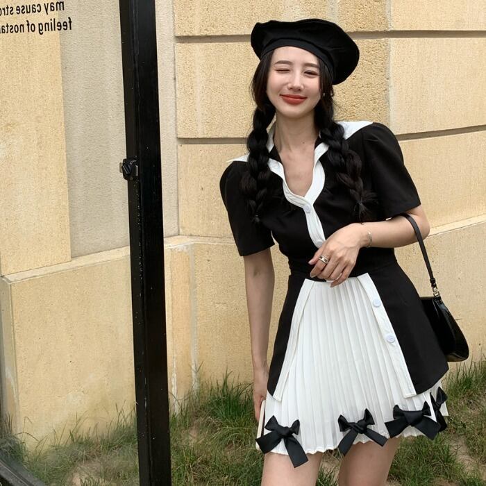 サマースタイルシャツ リボンプリーツスカート ストリート 大人ガーリー スウィート キュート カジュアル 夏物 ドラファッションホール83775934341