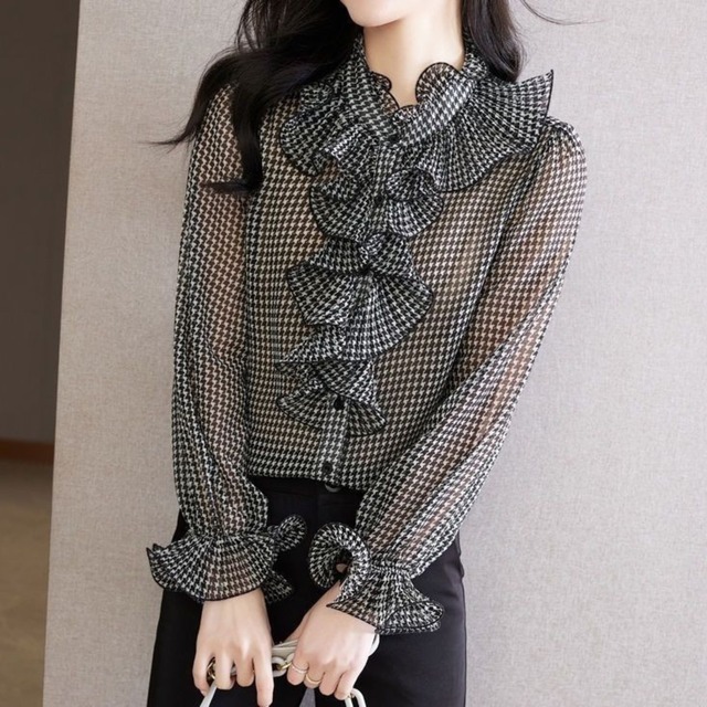 Chest ruffle elegant houndstooth chiffon blouse