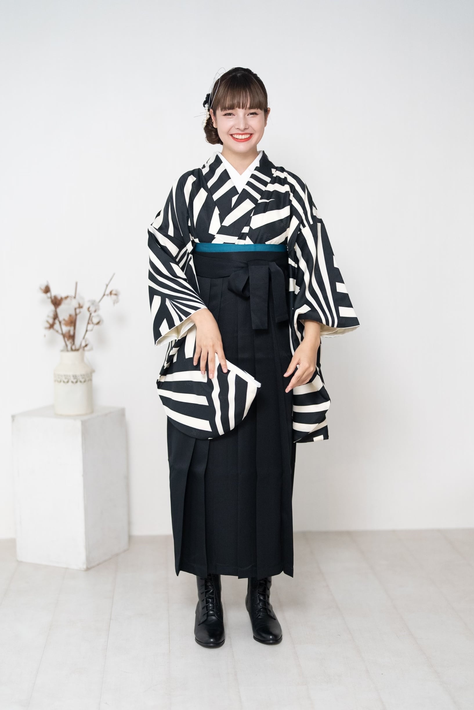 卒業式 袴 3点セット モノクロ 黒