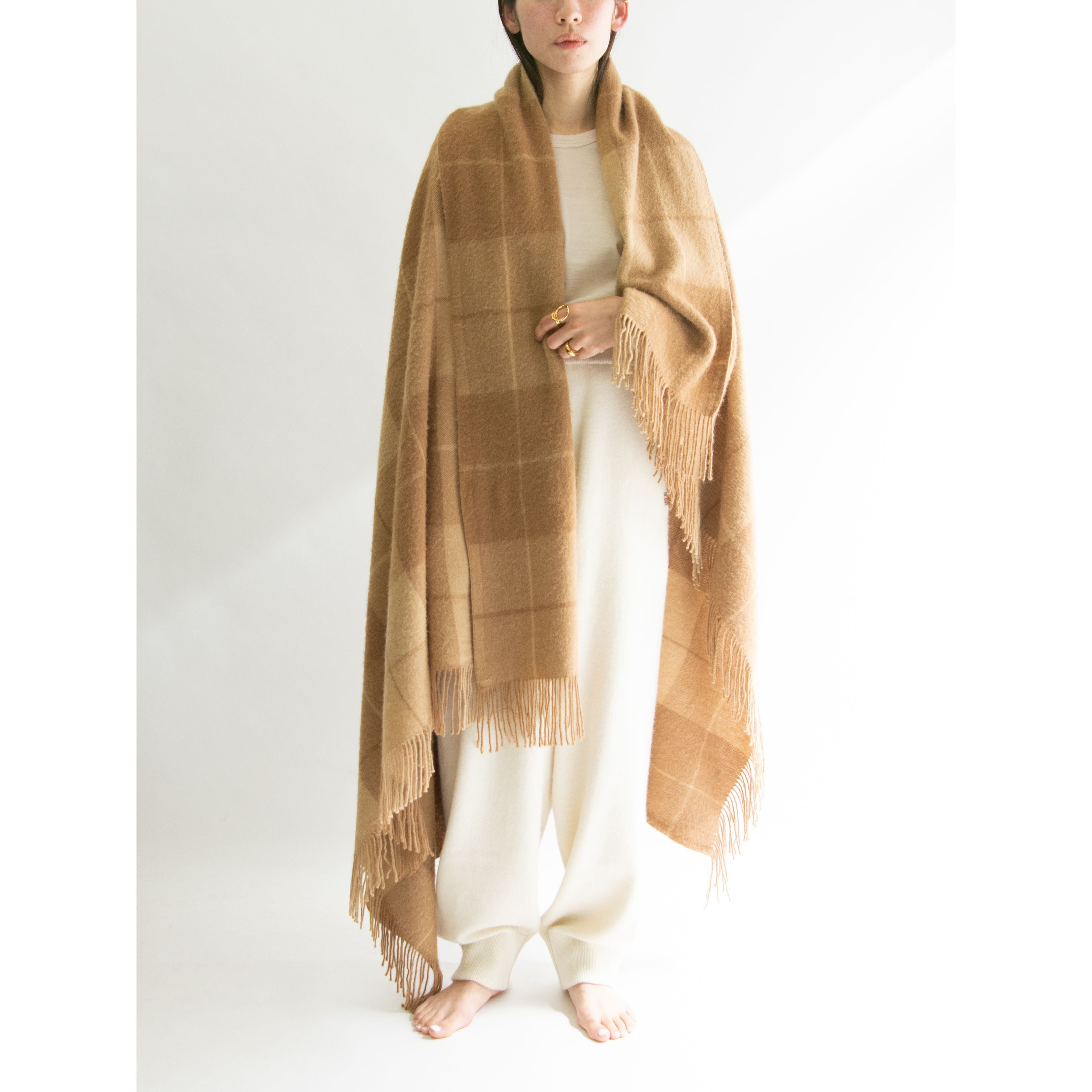 【Made in Mongolia】Pure camel hair check blanket 135×180cm（モンゴル製 キャメルヘアー チェック柄ブランケット）1c