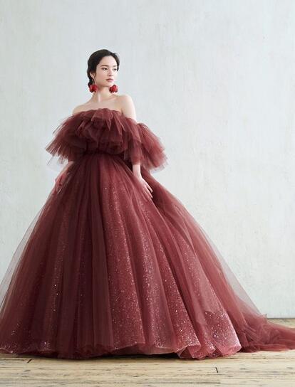 テラコッタカラードレス オフショルダードレス ストレート Aライン 結婚式 オフショルダー Aラインドレス テラコッタ（W274TE）