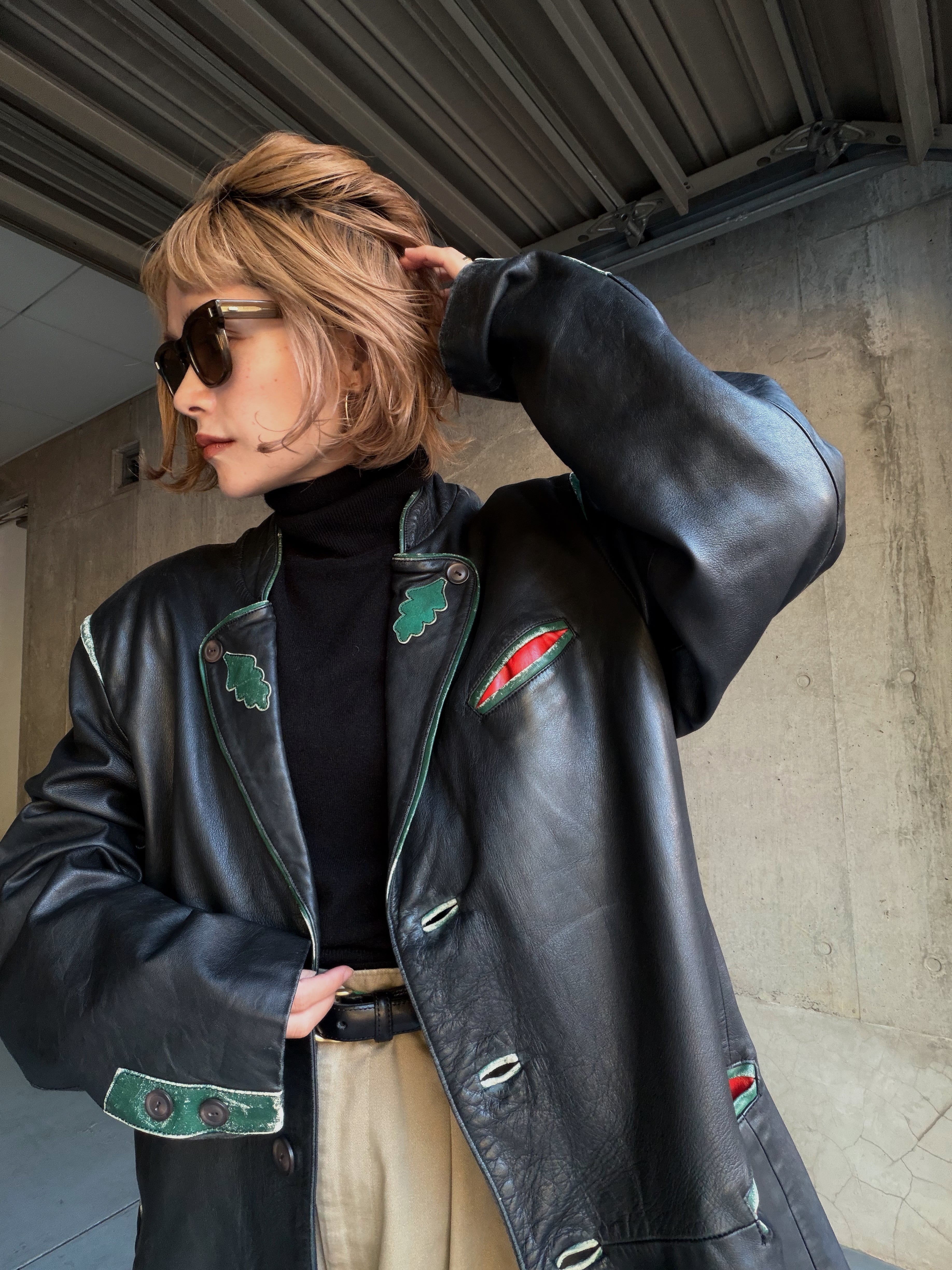 (OT1321)Leather design tyrolean jacket