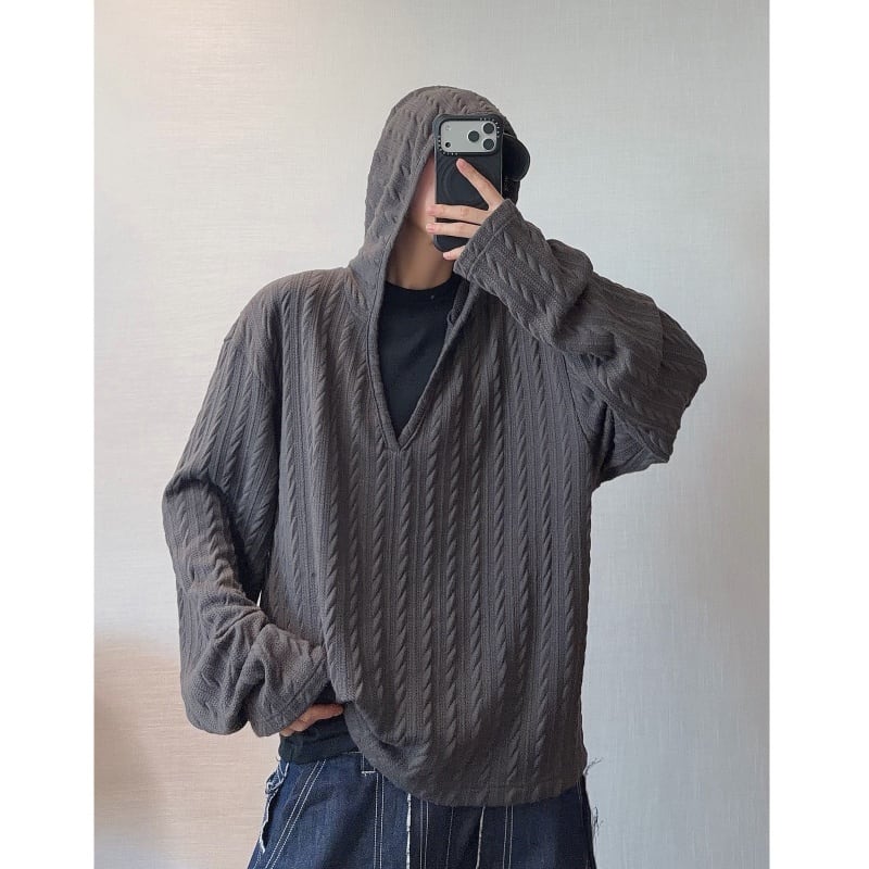 dannyandzeeフード付きVネックケーブル編みパーカー