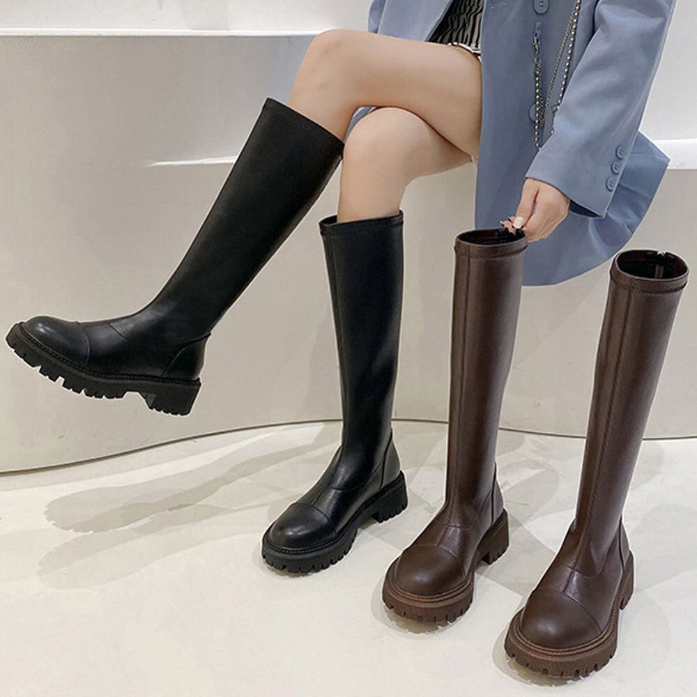 ロングブーツ レディース 革 歩きやすい 美脚 レザー ローヒール 茶色