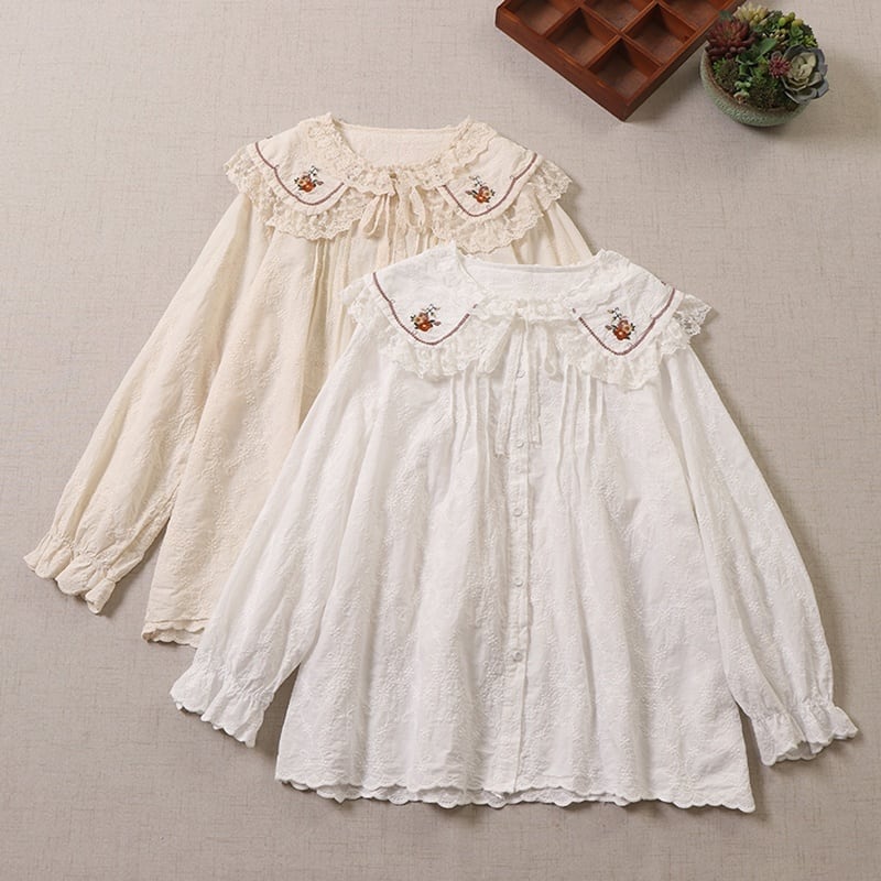 花刺繍入りレース襟ロングスリーブブラウス W1446