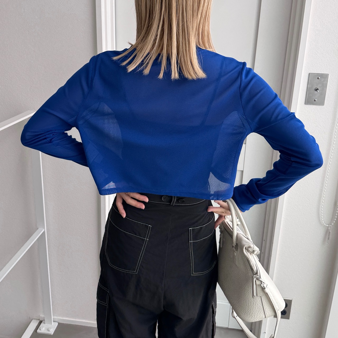 crew neck tulle sheer short tops/bule