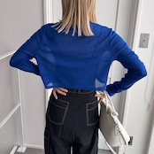 crew neck tulle sheer short tops/bule