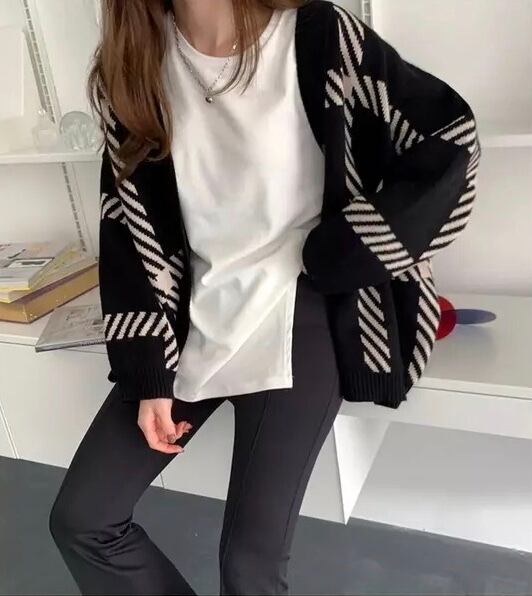 チェックニットルーズカーディガン