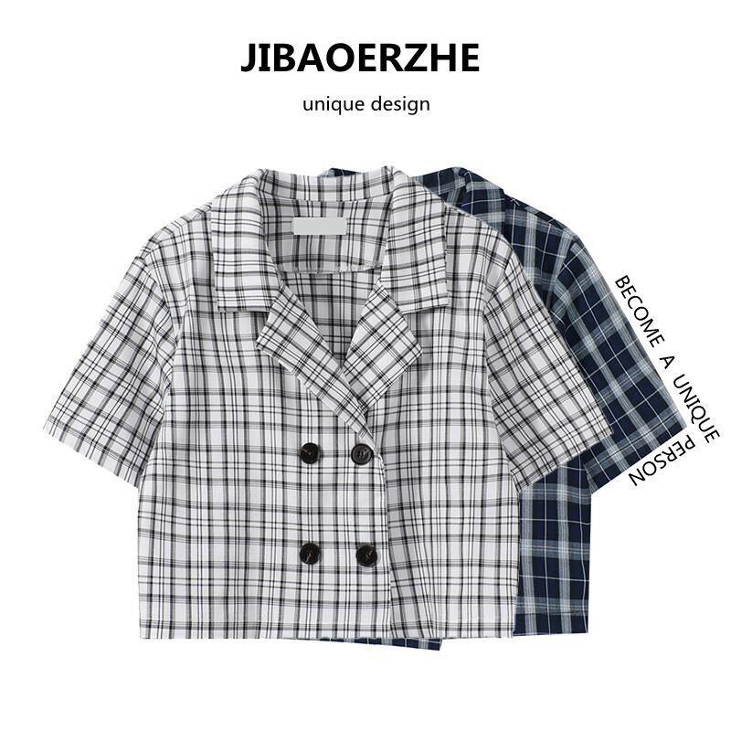 サマースタンダード格子柄ショートシャツ スリムカーディガン レトロ 夏物 ケッペル77180595683