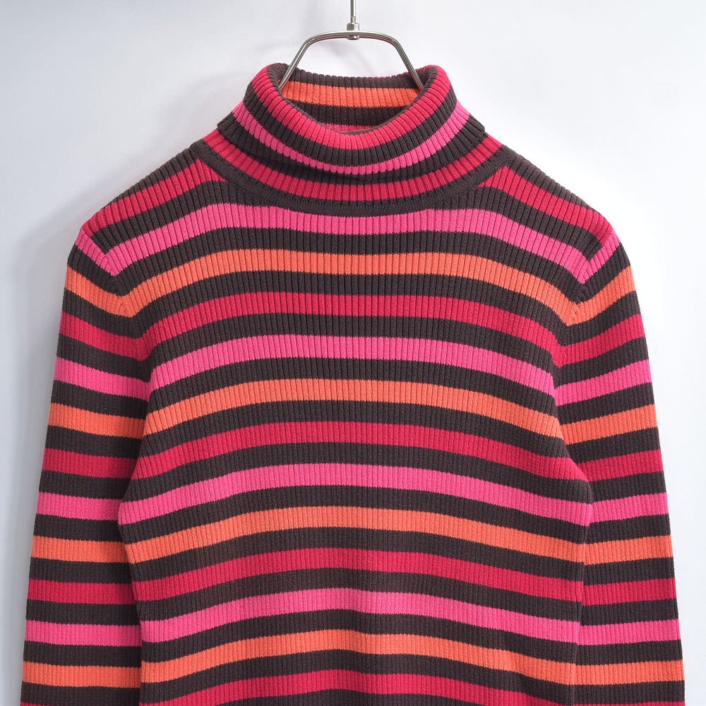 Y2K GAP ギャップ タートルネック リブニット ストレッチ マルチボーダー カットソー セーター ピンク レッド ヴィンテージ ビンテージ USA アメリカ古着 レディースS相当