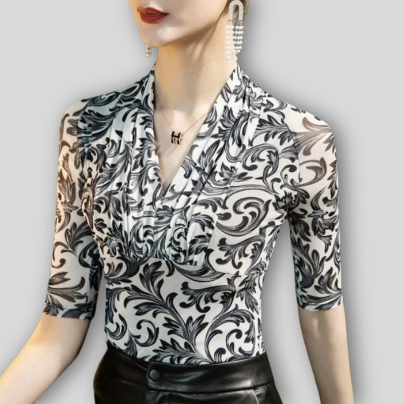 アラベスクプリント ギャザーネック Vライン トップス 1col D00594