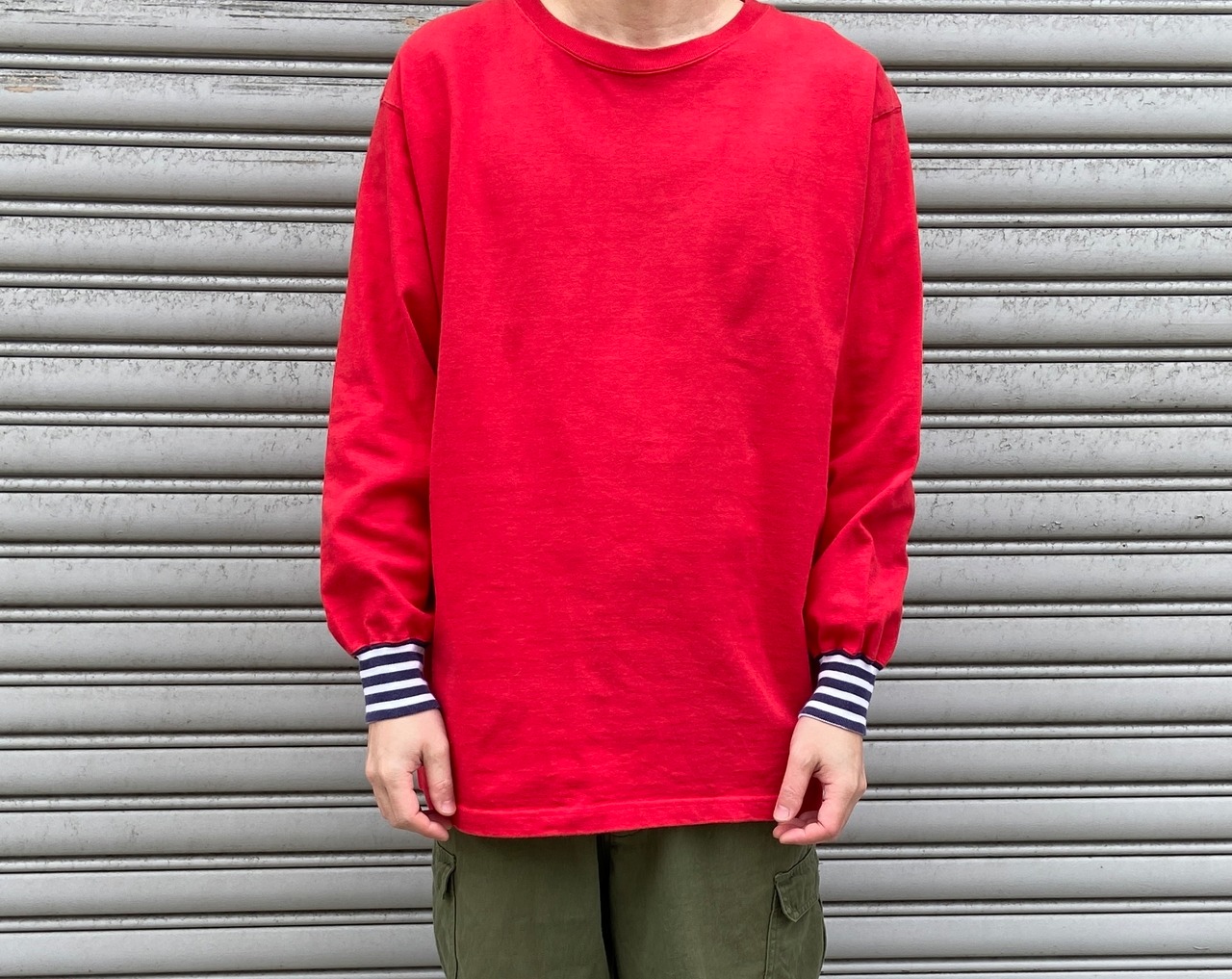 90s RalphLauren ワンポイントロゴロンT 袖口ボーダー　赤　L相当