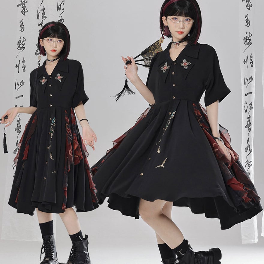 チャイナ風 中華服 ワンピース 半袖 刺繍 レイヤード ショール付き