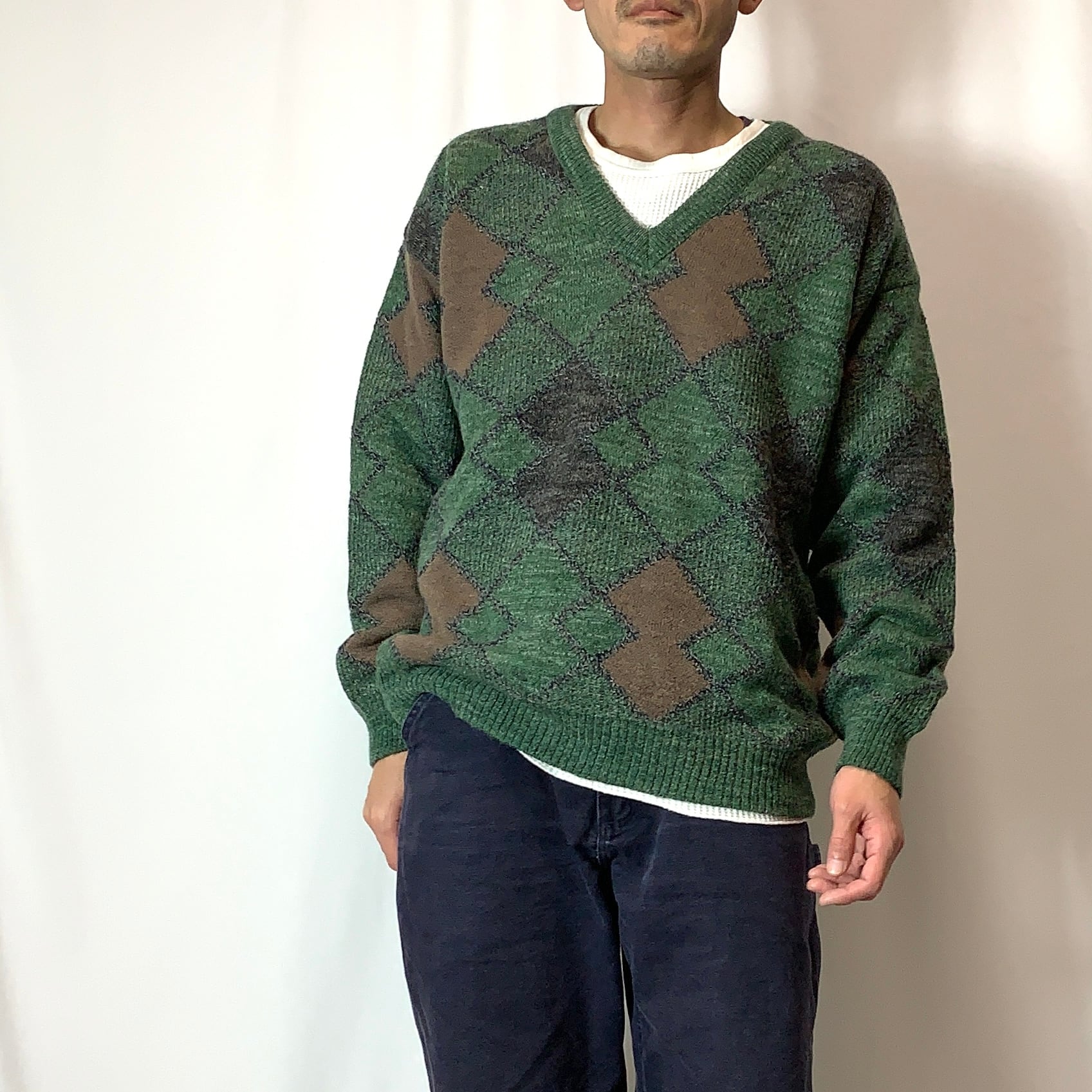 【日本製】ビッグサイズ　アーガイル柄　デザインウールニットセーター
