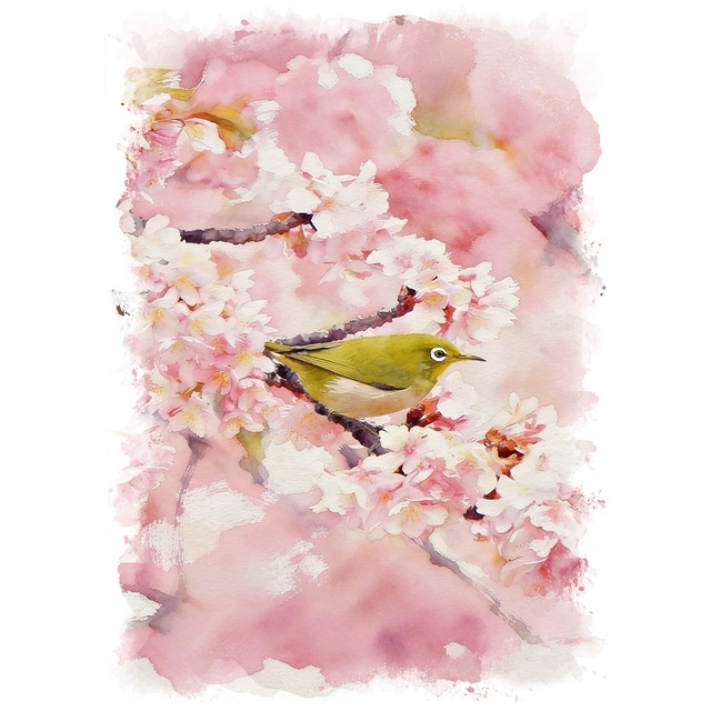 絵画 動物 鳥 桜とメジロ インテリアアート額付き 水彩画・油絵風 WAT1126