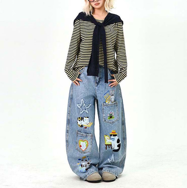 キャットアートエンブロイダリーデニムパンツ
1col R01651