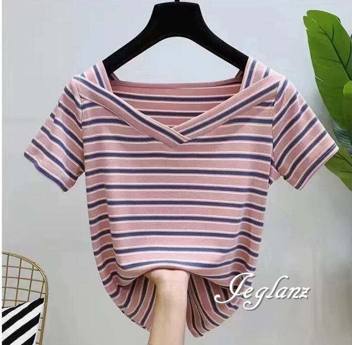 7色 Tシャツ トップス Vネック マルチボーダー カジュアル派 ♪(MA410)ρ