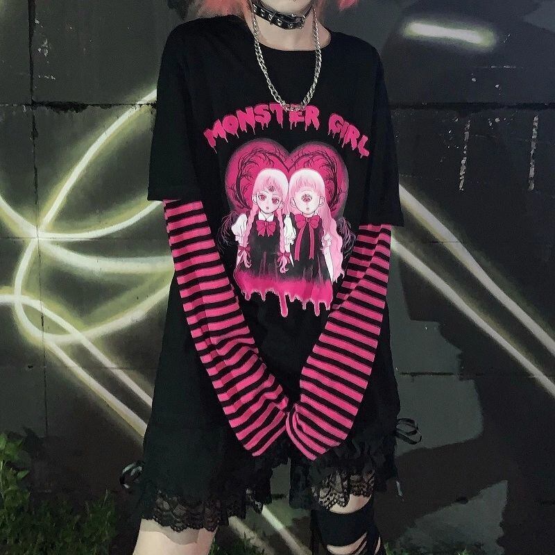 送料無料 HOUZHOU ゴシック Tシャツ女性モールゴストップ原宿黒長袖 T