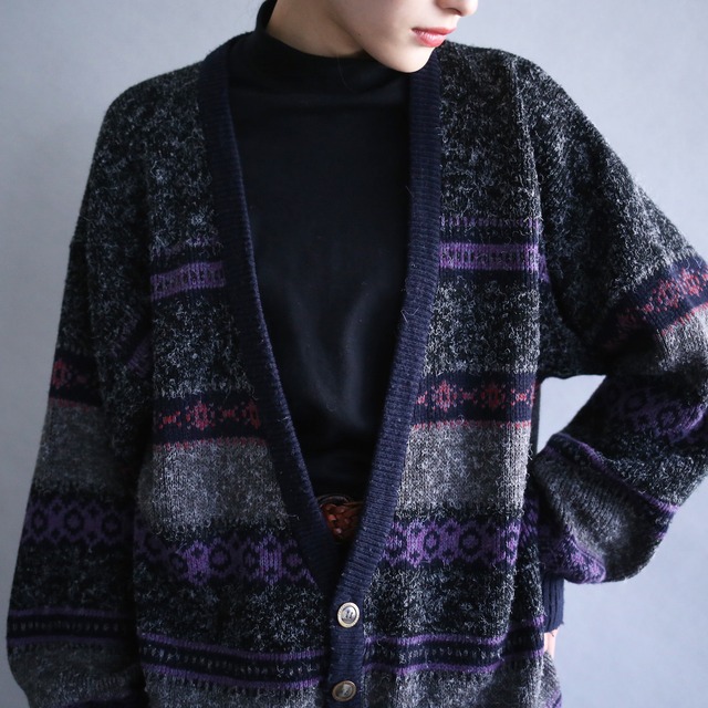 dark tone traditional good pattern 4b loose silhouette knit cardigan