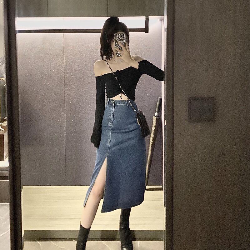 ウエストデニムスカートレディース初秋タイトフィットヒップスプリットミドル丈スカート2020新気質Aラインスカート ブラックストロベリース87616764686