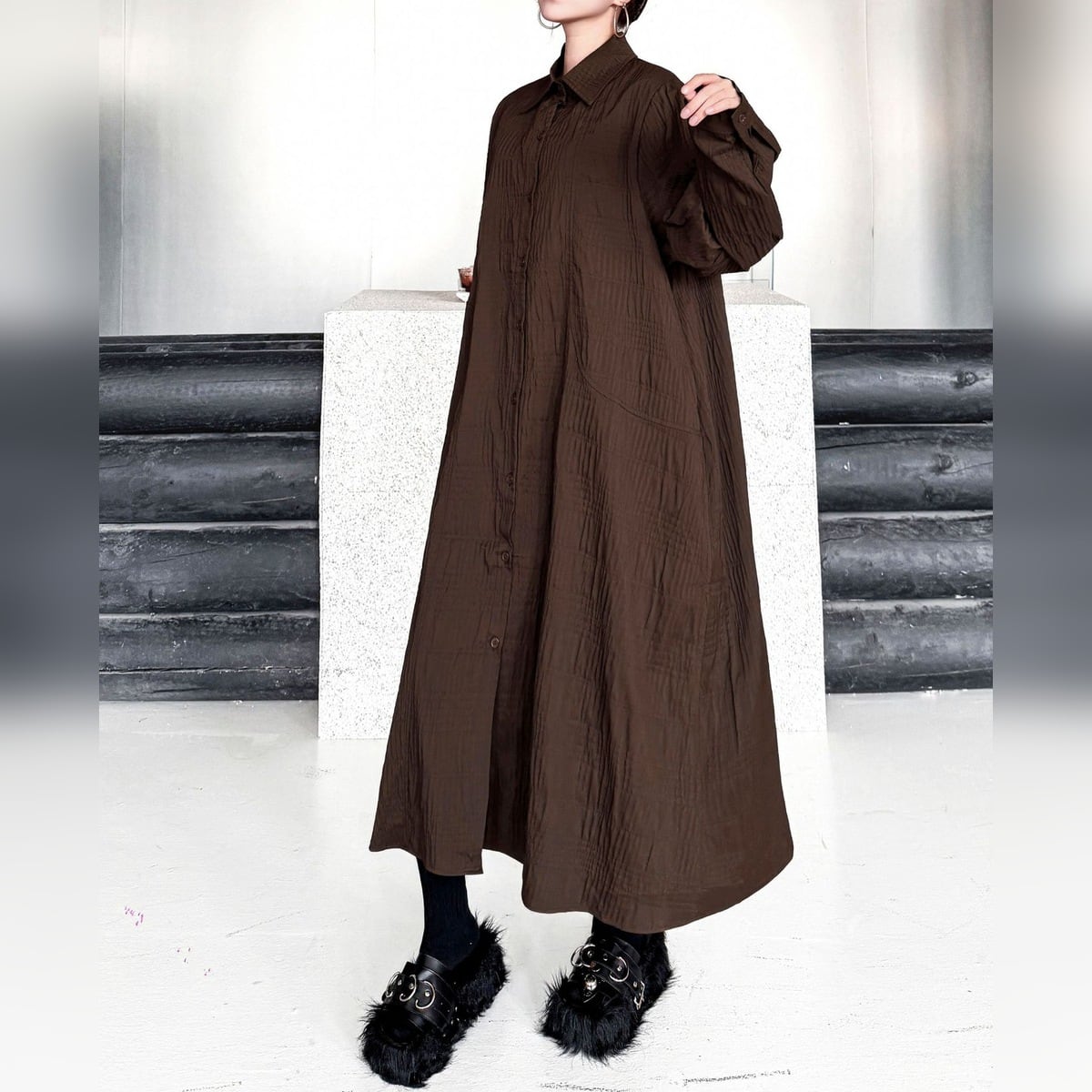 シワ加工 シャツカラー ロング シャツワンピース 1color ON1073
