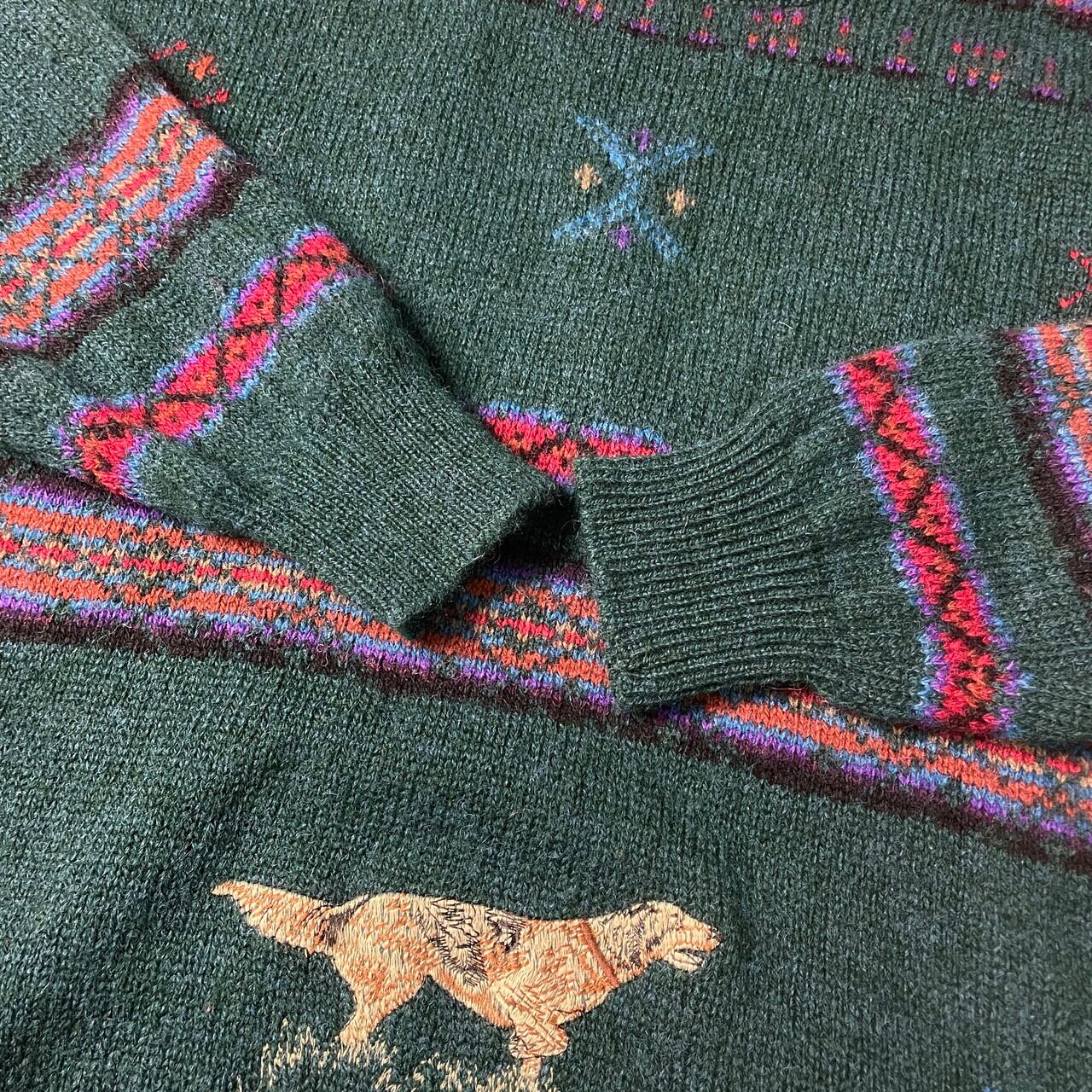 80年代 Woolrich ウールリッチ 乗馬 アニマル柄 ウールニットセーター レディースL相当 古着 80s ヴィンテージ VINTAGE 総柄 グリーン ベージュ レッド パープル ブルー 80年代 Woolrich ウールリッチ 乗馬 アニマル柄 ウールニットセーター