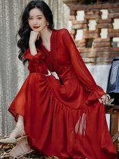 【0143】V-neck Chiffon Elegant Red Long Sleeve Dress