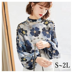 シフォンブラウス 花柄 ハイネック レディース S-3L 長袖 ボリューム袖 フォーマル カジュアル 26LT170