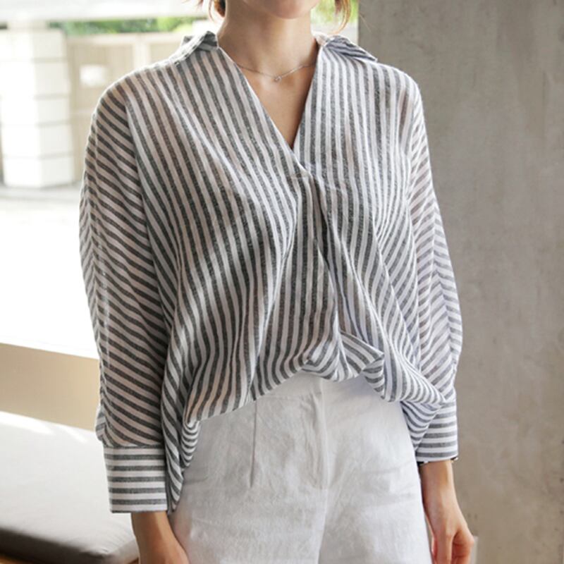 七分袖 Vネック ストライプシャツ